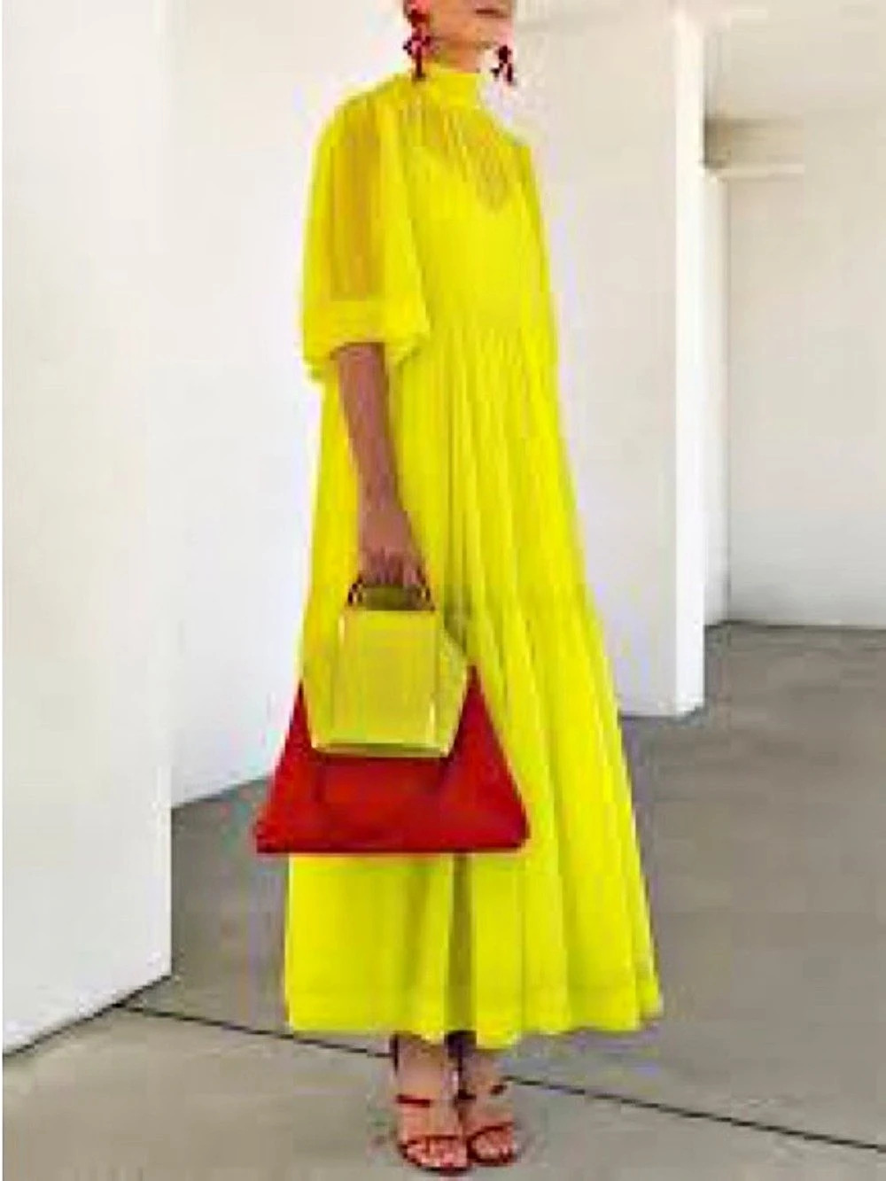 H&M Neon Lime Green Sheer Tiered Maxi Dress w/ Slip Size L